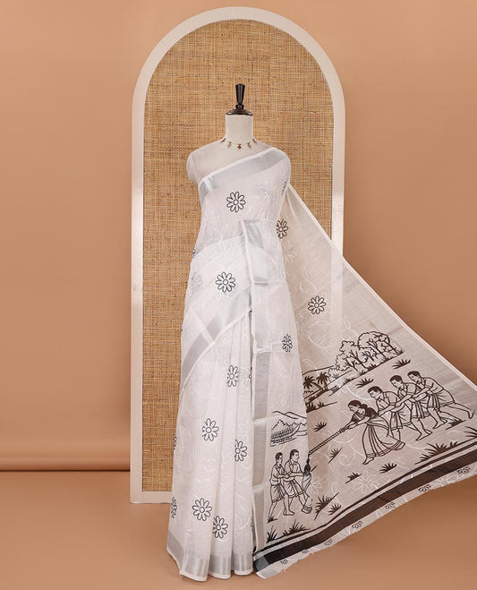 White flower motifs print & floral vine thread embroidered linen saree, zari bavanji border, village-theme handpainting-style printed pallu & blouse of print & embroidery
