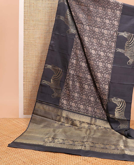 Black floral vine design kanchipuram designer silk saree with self zebra design border & intricate zari design pallu