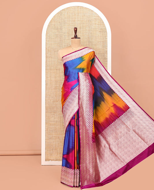 Multi-Color Banarasi Silk Saree, Prettified with Colorful Ikkat Weave on Its Body, Highlighted by a Self-Border of Jaal Designs, Pallu of Jaal Designs, and Paired with a Matching Blouse