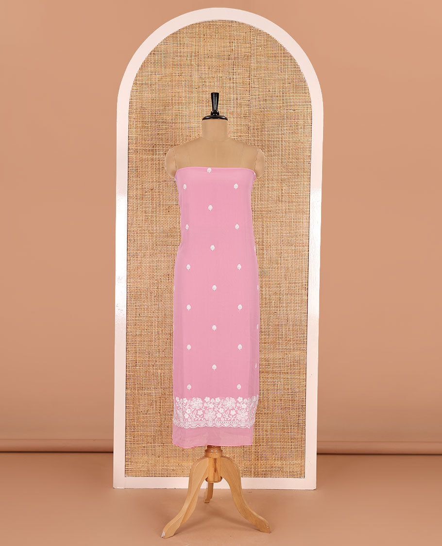 Pink material chudidar set, floral thread embroidered georgette top, plain bottom, and floral motifs embroidered scallop georgette dupatta
