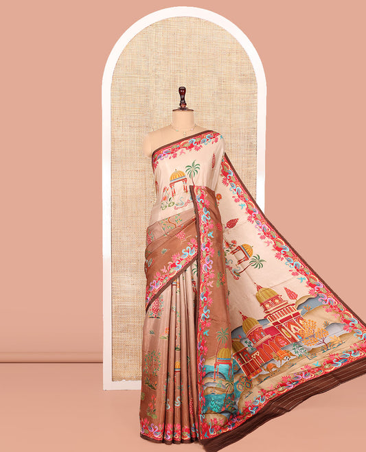 Pale Brown Dola Silk Saree, Richly Detailed with Mughal-Style Design on Its Body, Complemented by Contrast Floral-Bird Printed Border, Mughal-Style Printed Pallu, and Paired with a Contrast Blouse