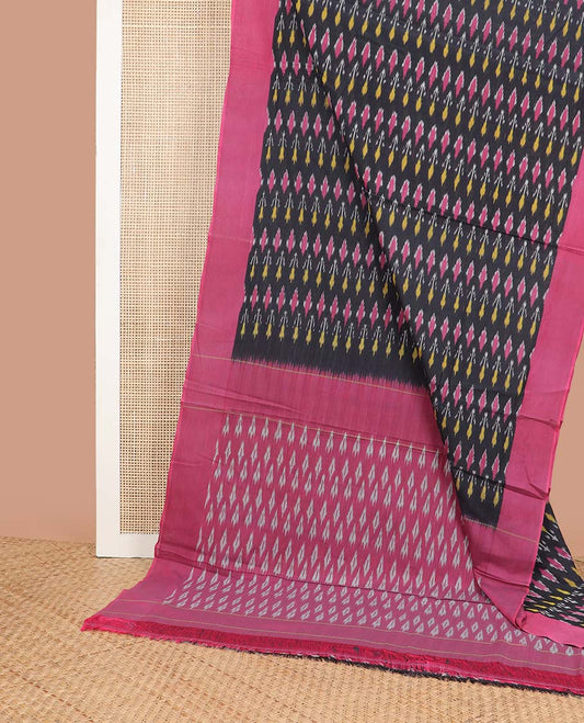 Black geometric design ikkat cotton saree with contrast border & argyle design pallu