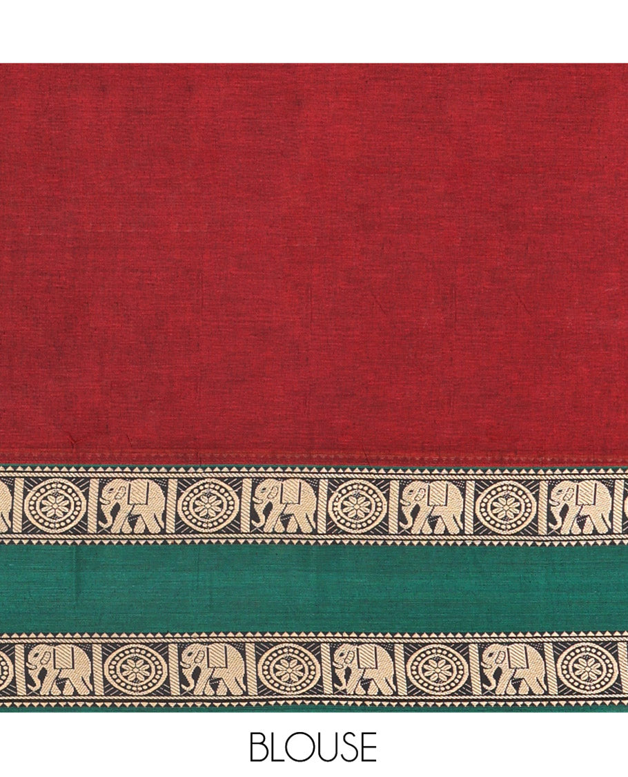 Maroon Plain Mercerised Cotton Saree, Complemented by a Contrast Ganga-Jamuna Rettai Pettu Thread Border of Temple, Elephant, and Chakram Designs, Subtly Striped Pallu, and Paired with a Matching Blouse