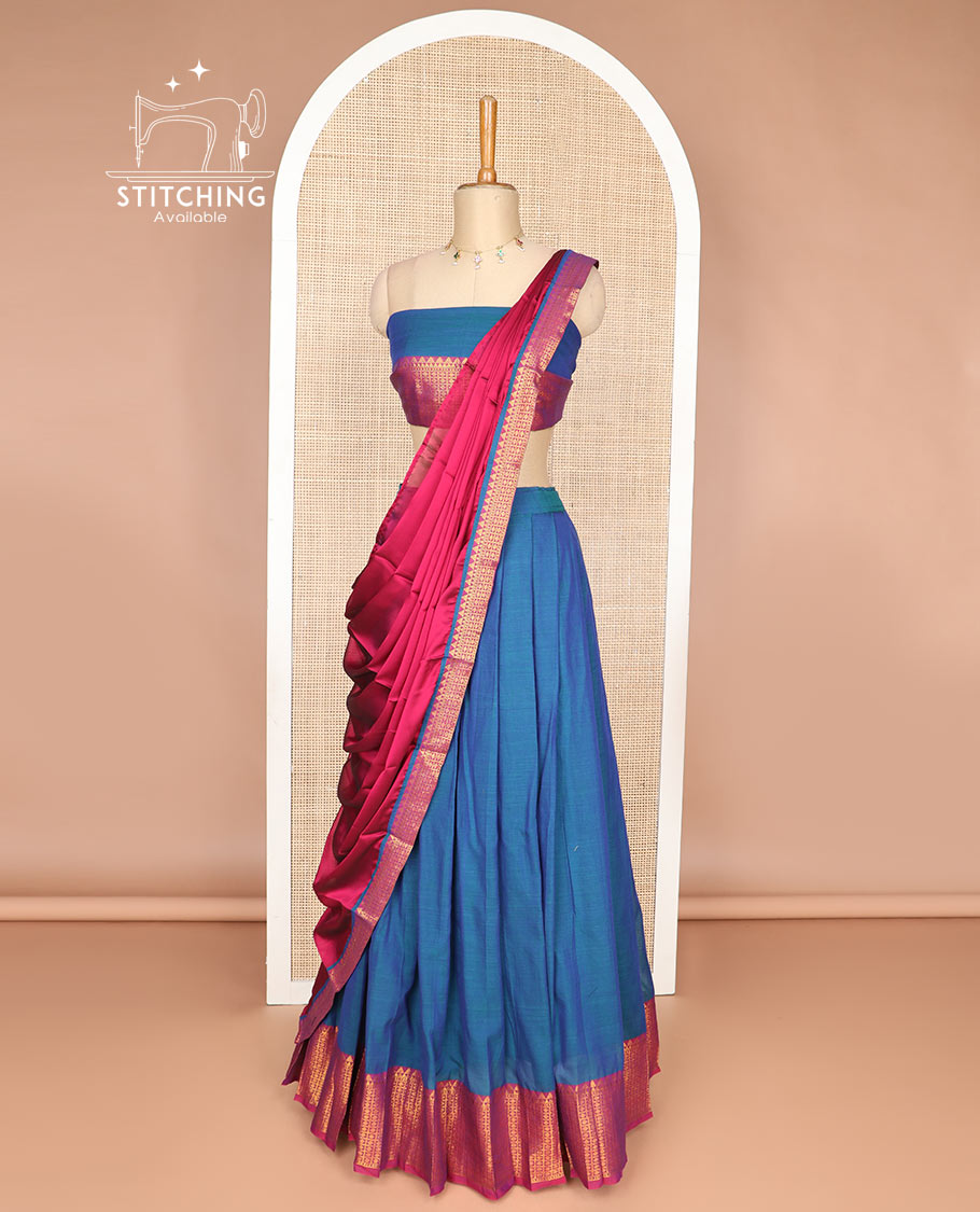 Blue cotton half saree with contrast checked, temple border, zari design blouse & temple border dhavani