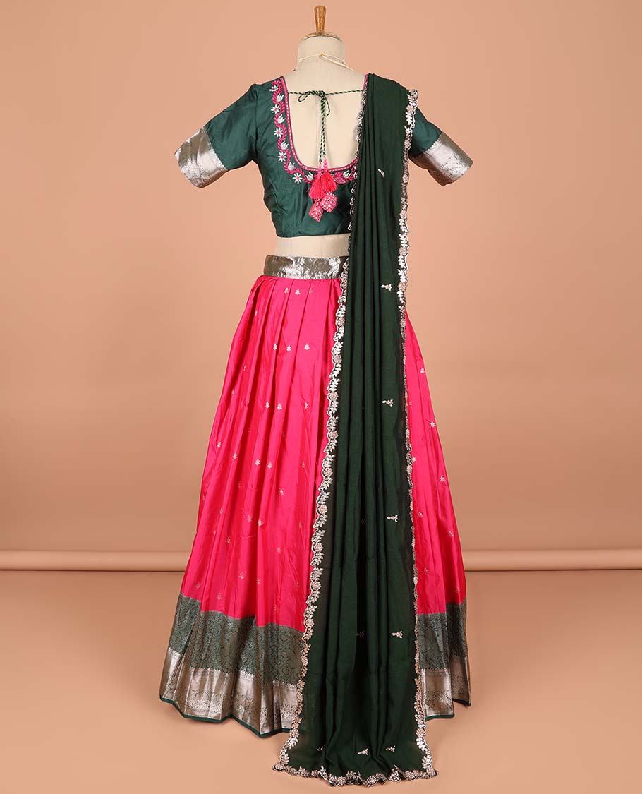 Pink floral buttas semi-stitched half saree with embroidered blouse & scallop border dhavani