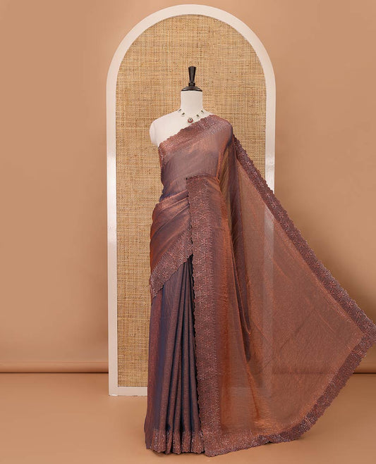 Brown plain fendy-chiffon saree, scallop Swarovski copper stone work border & contrast Swarovski copper stonework blouse