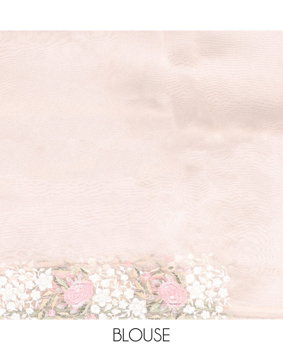 Pastel pink floral motifs embroidered semi-banaras organza saree & floral embroidered border