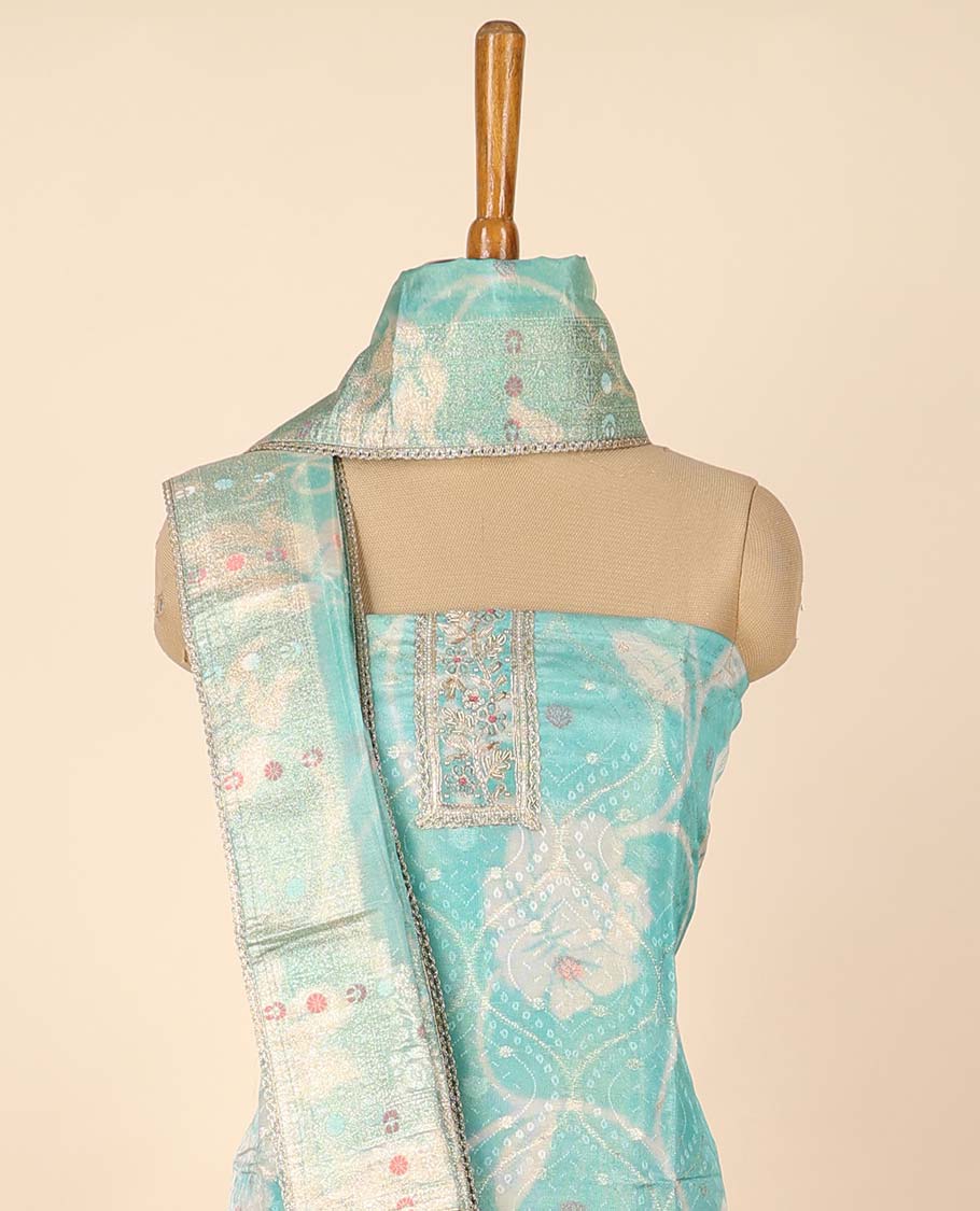 Turquoise material chudidhar set, floral print & embroidered top, plain bottom & floral print dupatta