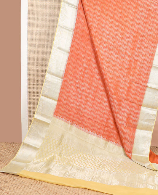 Orange striped design mysore silk saree with contrast zari border & pallu of argyle design