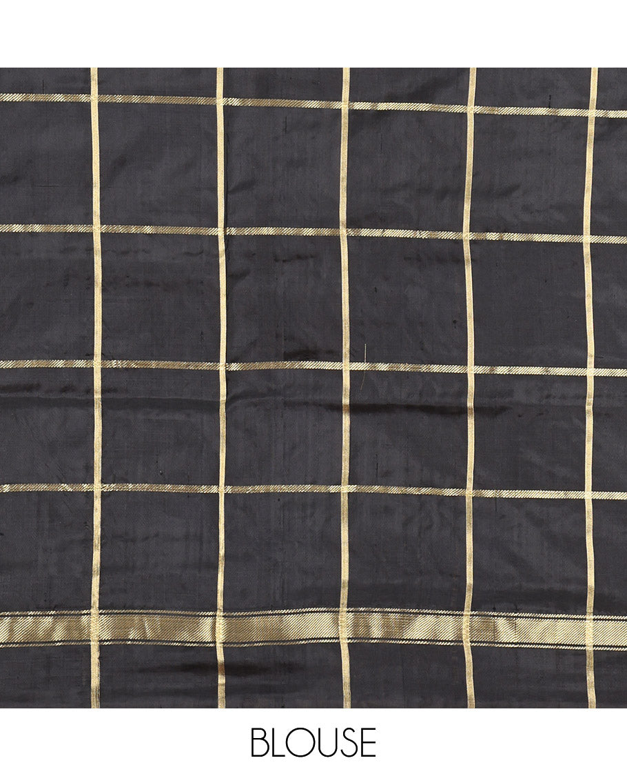 Green Pochampally Ikat Silk Saree, Styled with Patola-Style Animal Butta Enclosed Checks, Complemented by a Contrast Elephant Border, Animal Butta Enclosed Checks Pallu, and Contrast Blouse