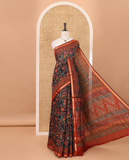Black-base multi-hued floral vine printed viscose muslin saree, contrast zari piping border,print pallu & floral motifs print blouse
