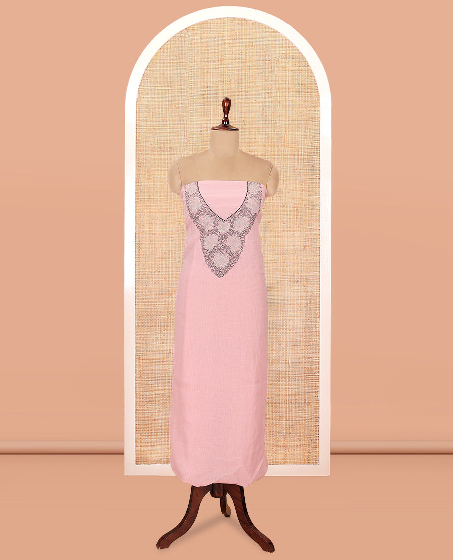 Peach Mul Chanderi Material Chudiddar, Floral Embroidered Top, Plain Bottom, Embroidered Dupatta