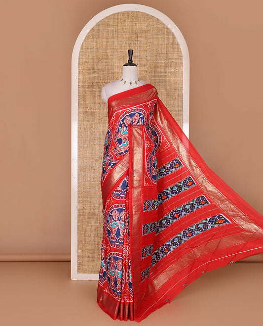 Red pochampally style bird motifs enclosed circles printed dola silk saree, zari border, ikkat pallu, and matching printed blouse