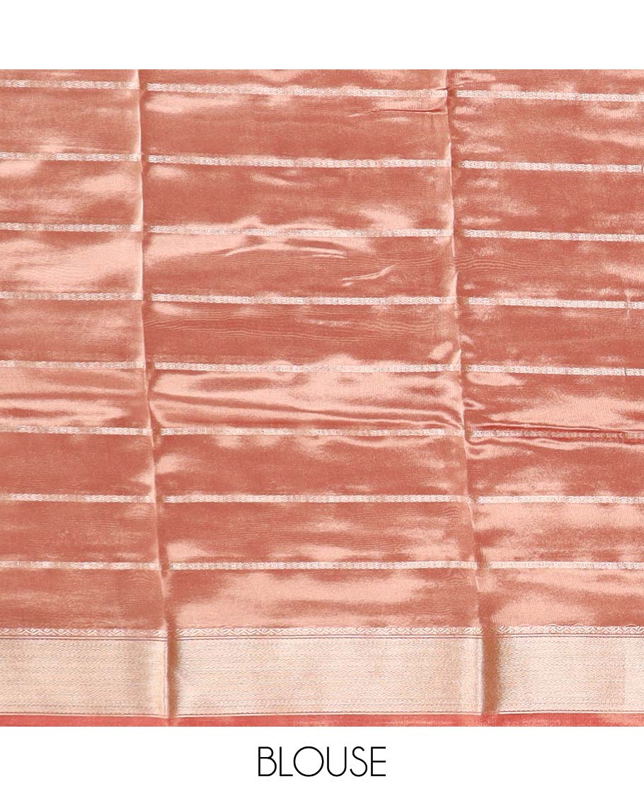 Peach striped semi-banaras tissue saree, plain border & striped pallu 