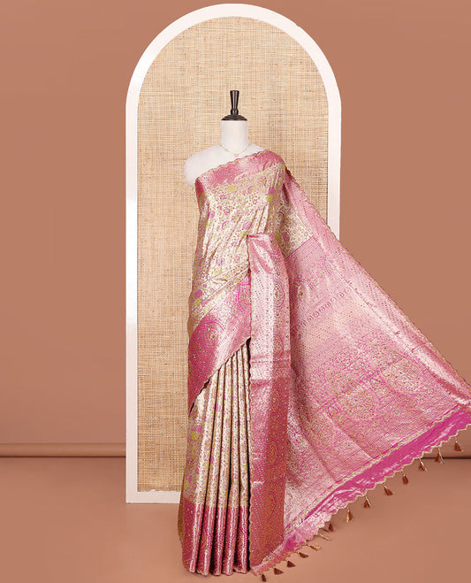 Light Sandal Vastrakala Silk Saree Adorned with Floral Meenakari Jacquard and Stonework, Complemented by Contrast Traditional Zari Design and Embroidered Scallop Border, Intricately Zari and Stone Work Pallu, and Paired with Contrast Blouse