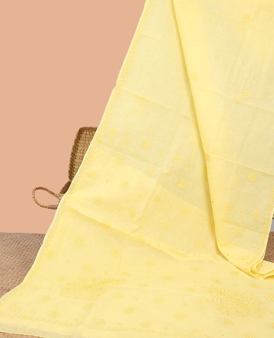 Yellow floral lucknowi chikankari cotton saree self-border & floral embroidery