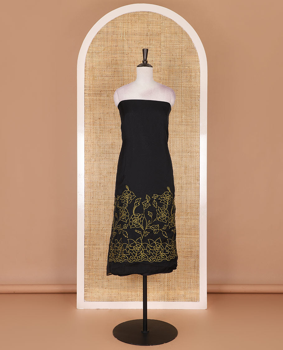 Black and yellow organza material churidar set, Lucknowi chikankari floral vine embroidery top, plain bottom, and contrast floral embroidery dupatta