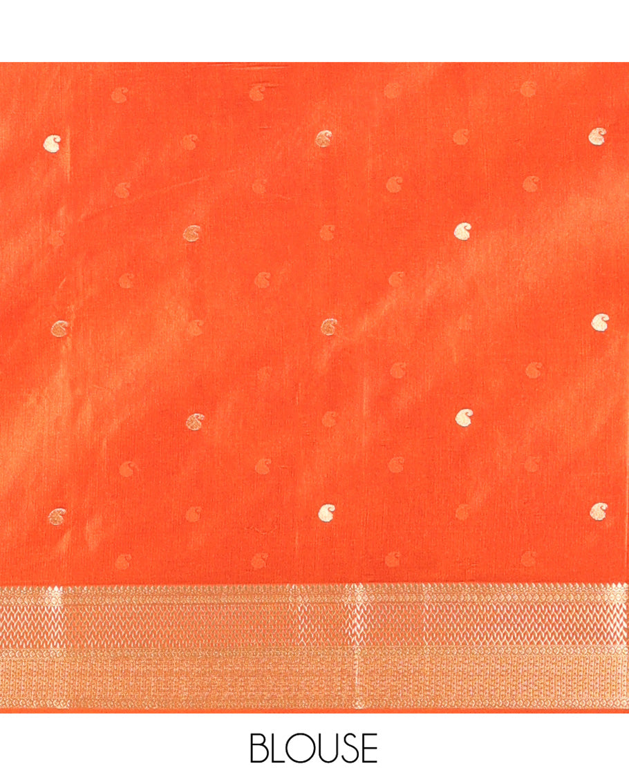 Orange Satin Silk Saree, Enriched with Paisleys and Zari Checked Design on Its Body, Highlighted by Zari Traditional Design Border, Floral Jaal Pallu, and Paired with a Matching Blouse