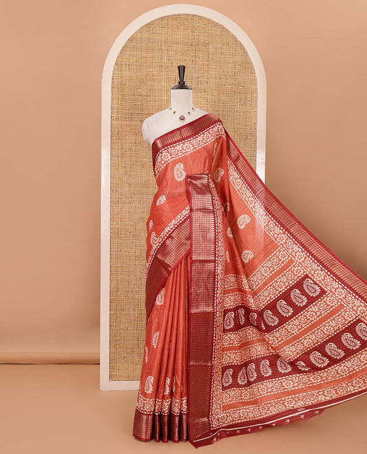 Tomato pink zari striped & batik paisley-floral printed dola silksaree,contrast zari border,batik paisley print pallu & blouse of print & zari work
