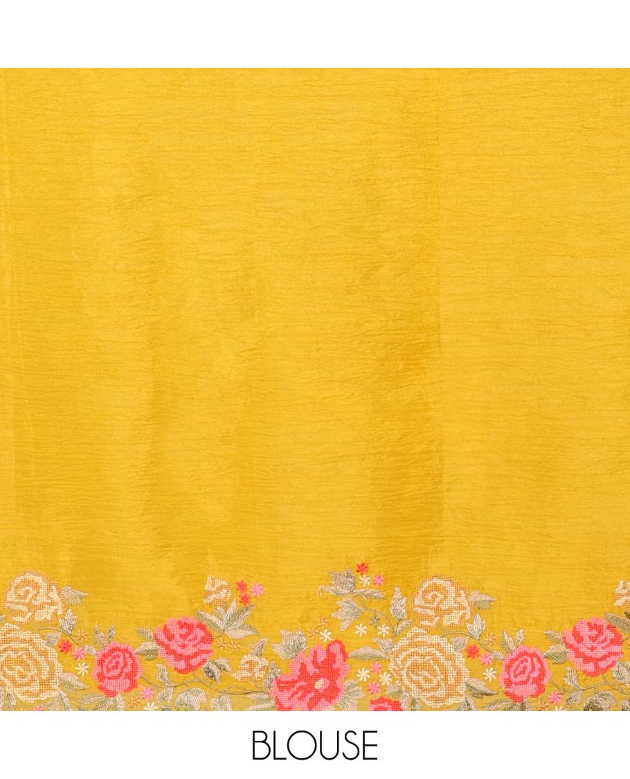 Yellow crushed tissue saree with scallop floral border & motif embroidery pallu