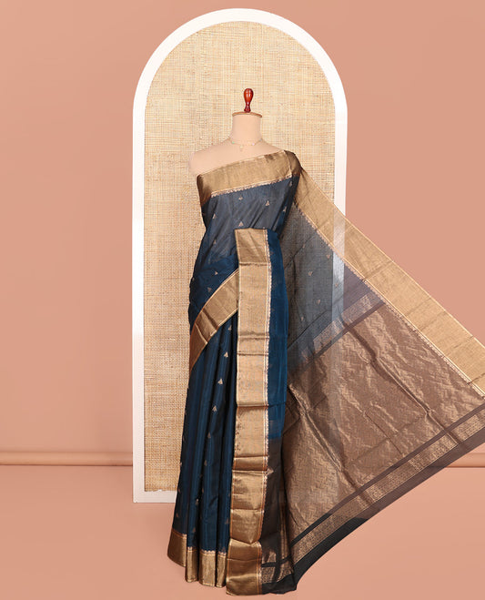 Blue Silk Cotton Saree, Elevated with Buttas All Over Its Body, Complemented by a Contrast Zari Border, Pallu Features Geometric Designs, and Paired with a Contrast Blouse