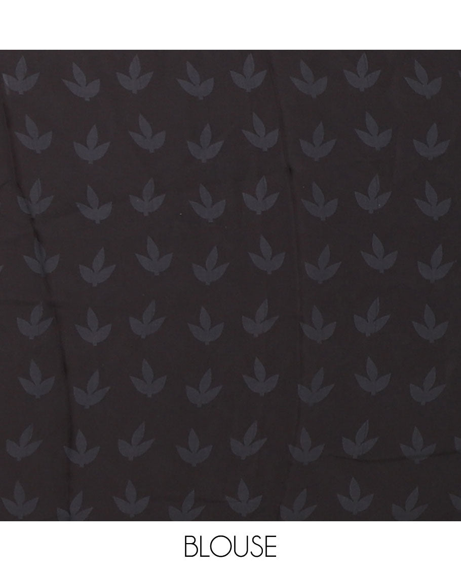 Borderless black half-half style crepe silk saree printed with green color leaf vine design, leaf motifs printed blouse