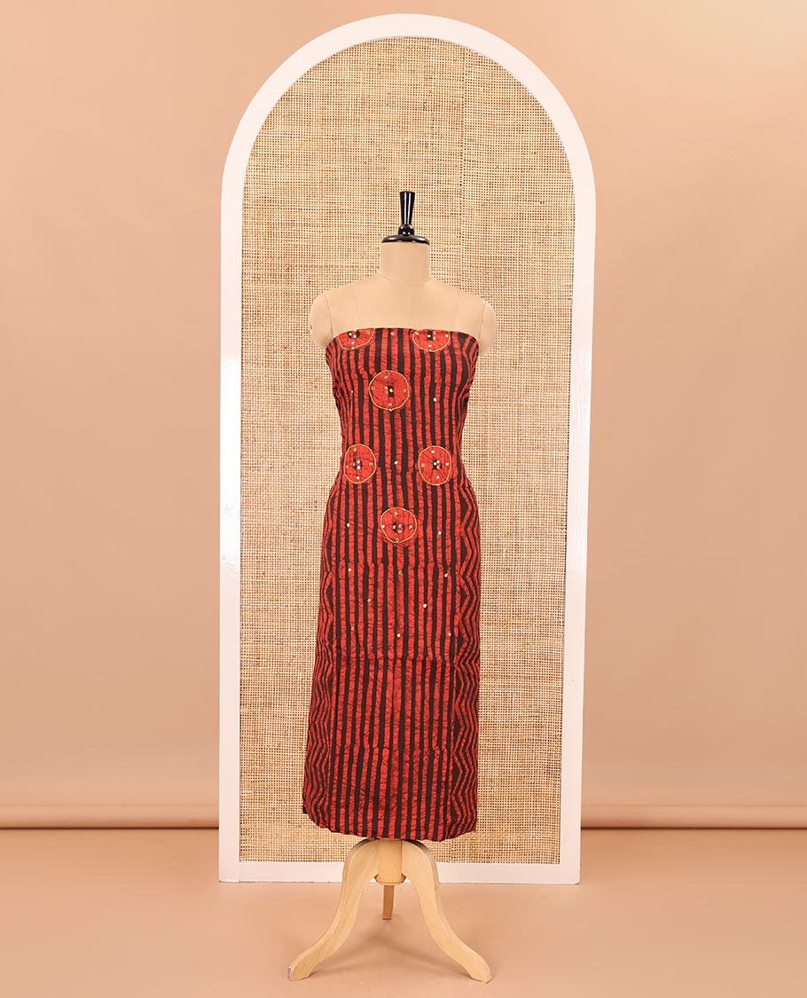Maroon material chudidar set, batik print, mirror work and kantha work cotton top, cotton bottom, and batik printed dupatta