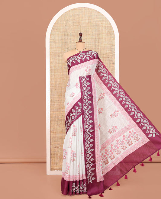 Wine Green-Silk Saree, Detailed with Floral Motifs, Block Print on Its Body, Complemented by a Contrast Thread Embroidered Border, Pallu of Floral Block Print, and Paired with a Contrast Blouse