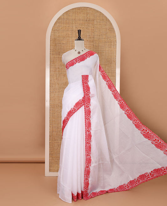 White plain kota checks saree, red rose thread embroidered scallop border & self-pallu & matching floral thread embroidered blouse
