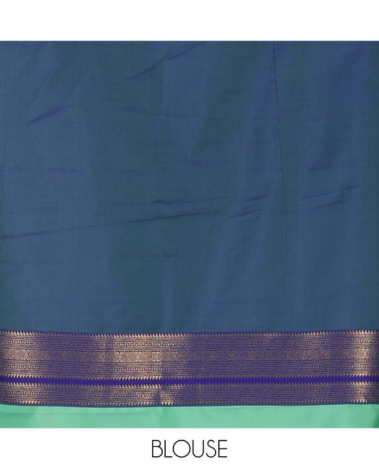 Green mayil chakra & wedding-themed motifs semi-soft silksaree,contrast ganga jamuna rettai pettu traditional border & grand pallu