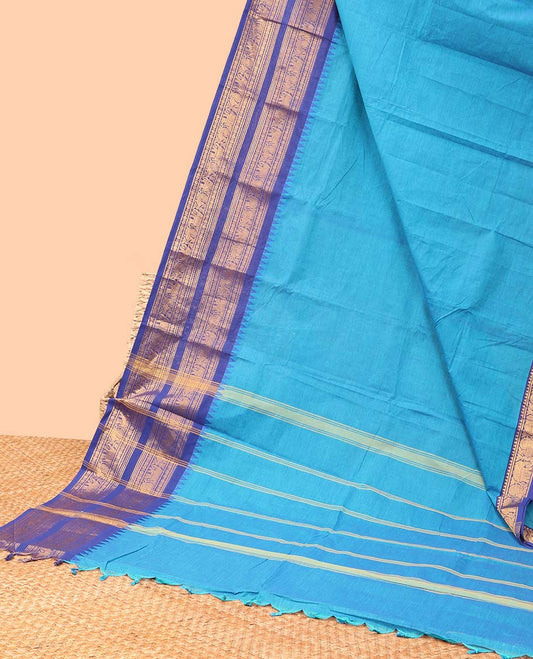 Blue chettinad cotton saree with contrast traditional zari design border & striped pallu