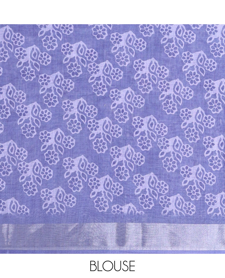 Lavender Linen Cotton Saree, Elevated with Shibori Printed on Its Body, Complemented by a Contrast Bavanji Zari Border, Handblock Printed Pallu, and Paired with a Contrast Blouse