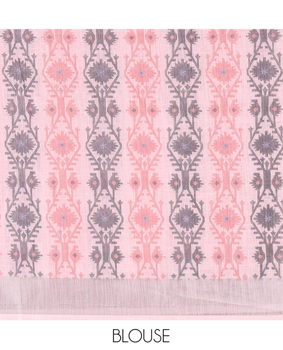 Baby Pink Plain Linen Cotton Saree, Subtly Sparkled Zari Border of Jamdani-Style Leaf-Floral Designs, Pallu Depicting Jamdani-Style Designs, and Paired with a Matching Blouse