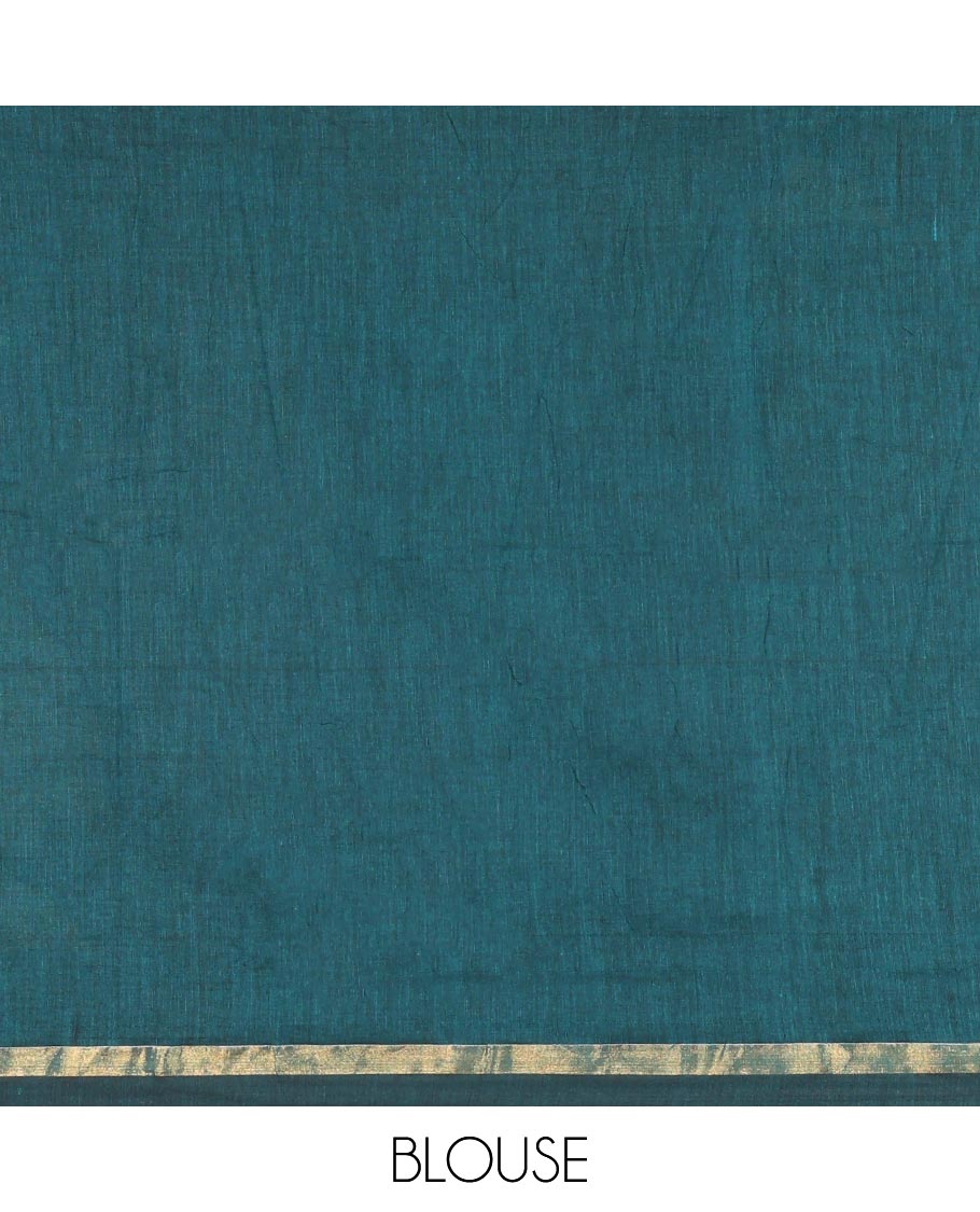 Borderless Rama Green  Khadi Mul Cotton Saree, Elevated with Big Floral Motifs on Its Body, a Self-Pallu, and Paired with a Matching Blouse