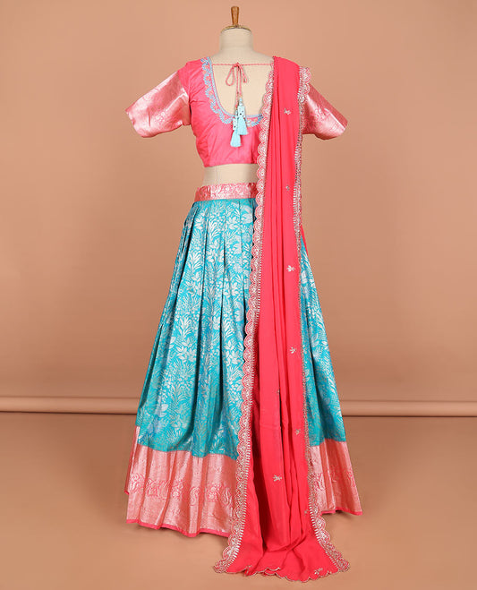 Blue floral jacquard semi-stitched half saree with contrast zari border,  embroidered blouse & scallop border dhavani