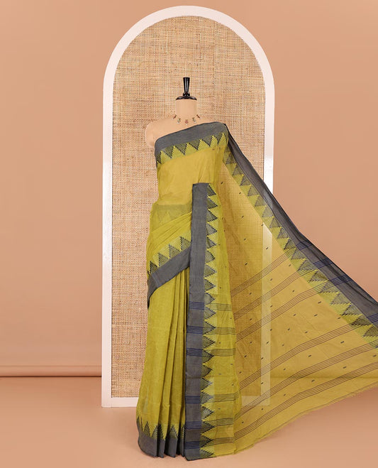 Green thread buttas Bengal cotton saree, contrast temple border, and pallu of buttas and stripes