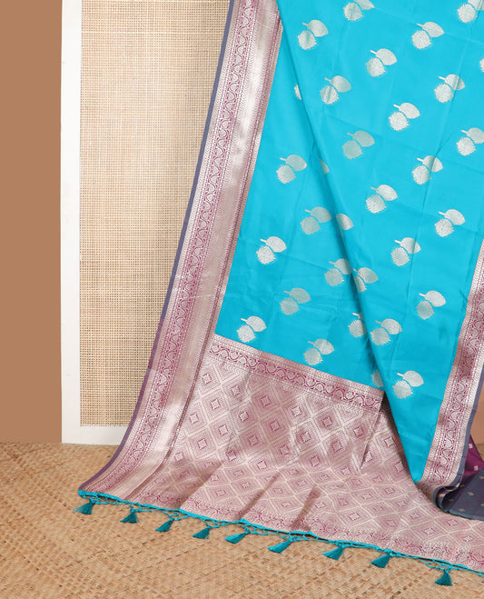 Blue leaf design butter silk saree with contrast traditional zari design border & argyle design pallu