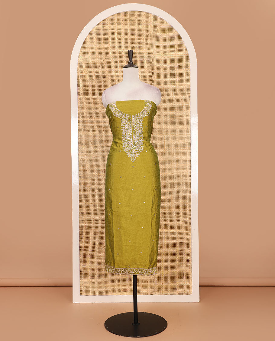 Green Vichitra silk material chudidar set, floral design neck embroidered top, santoon bottom & contrast embroidered Vichitra silk dupatta