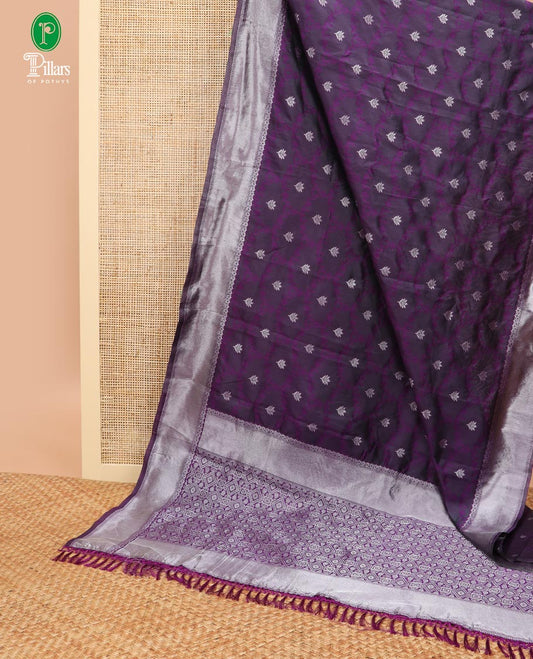 Wine  jaal design litchi soft silk saree with silver weaving border & silver zari rich pallu along with butta design blouse