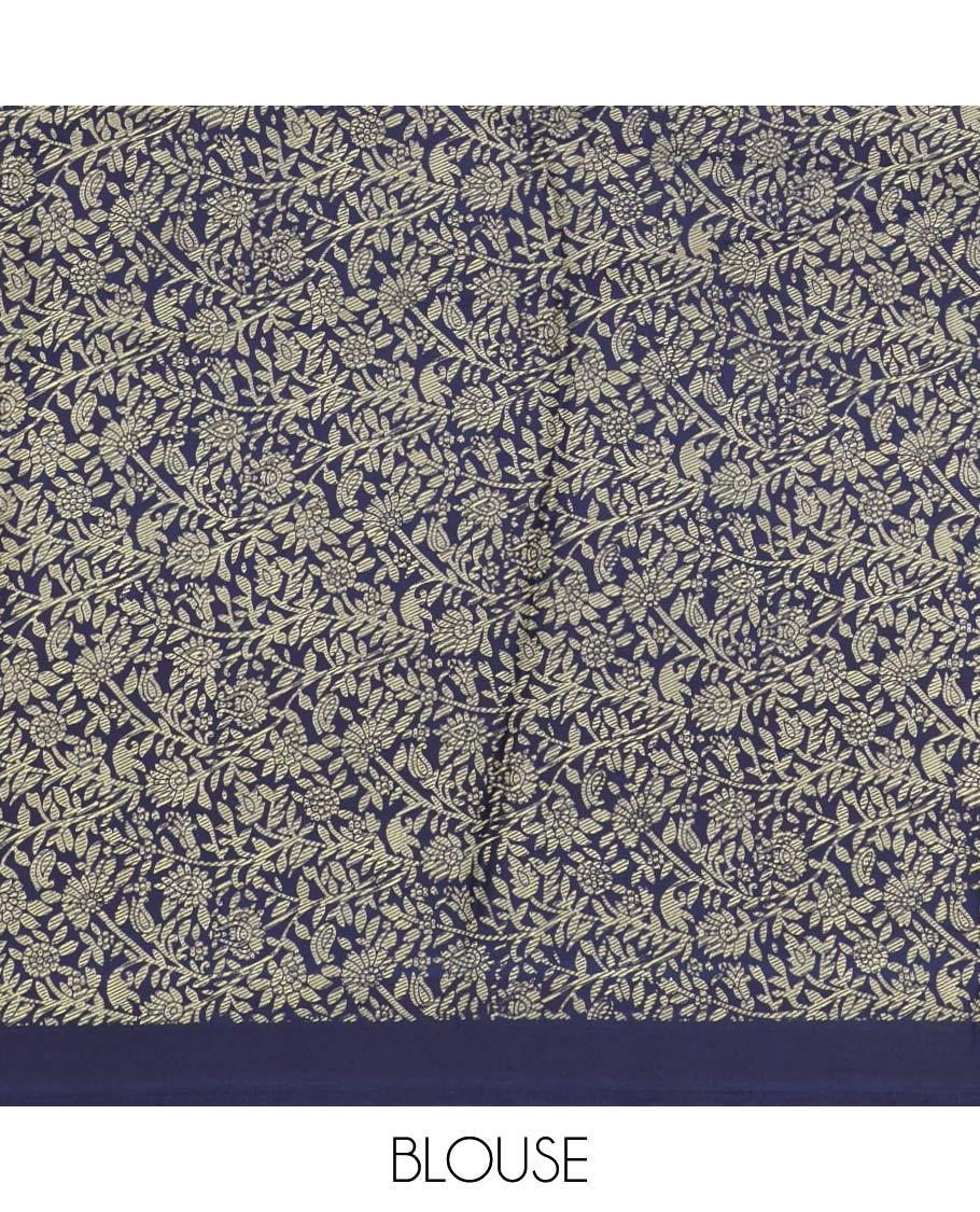 Navy blue plain gajji silk saree, double-sided position printed border & pallu of animal & human motifs, with floral printed blouse