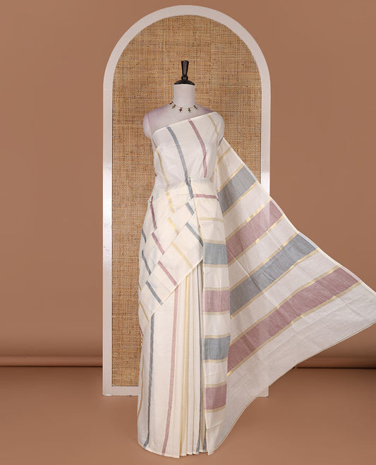 Borderless cream-blue vertical striped Kerala cotton saree, ragkat style pallu, and running blouse