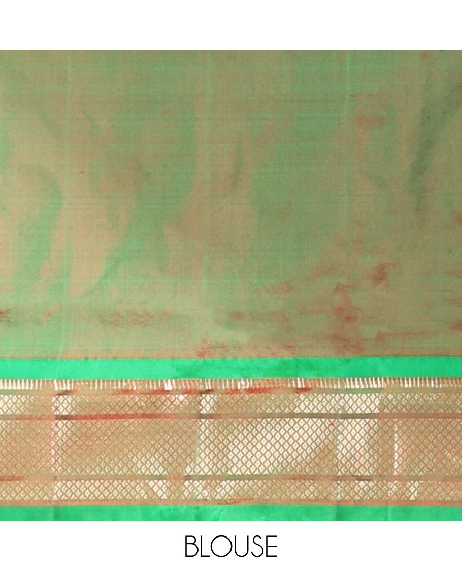 Green motifs paithani silk sare with contrast checked zari border & intricate zari design pallu