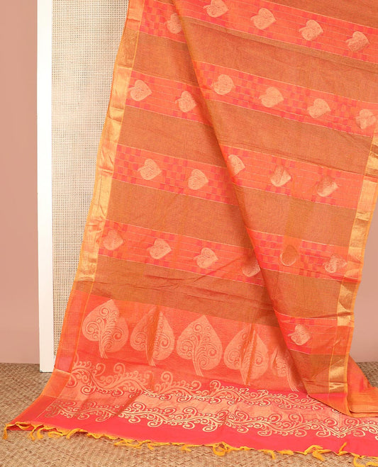 Orange Coimbatore Cotton Saree, Delicately Designed with Stripes, Checks, and Buttas All Over Its Body, Subtly Zari Border, Sparsely Woven Pallu of Floral-Leaf Designs, and Paired with a Matching Blouse