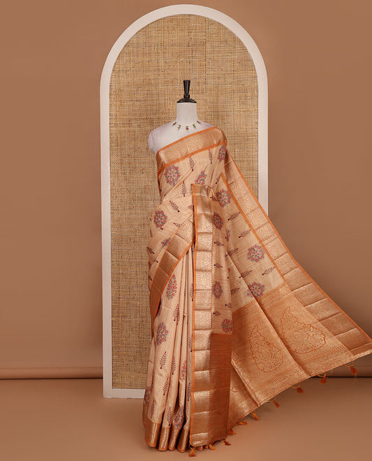 Sandal floral and pine tree motifs digital printed fancy tussar saree, contrast traditional zari border, intricate paisleys woven zari pallu, and plain blouse