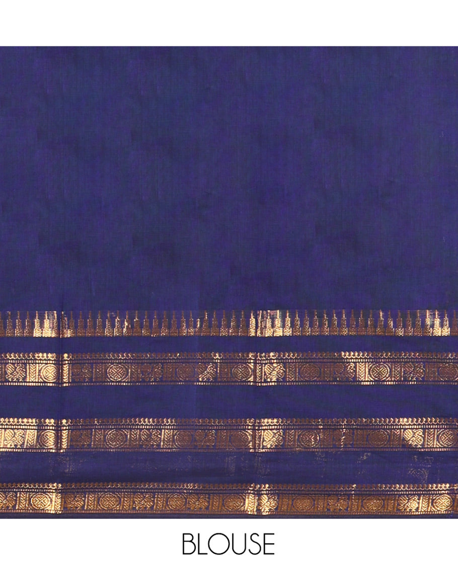 Blue Plain Chettinad Cotton Saree, Highlighted By Traditional Zari Designs Woven Border, Subtly Striped Pallu, and Paired with a Matching Blouse