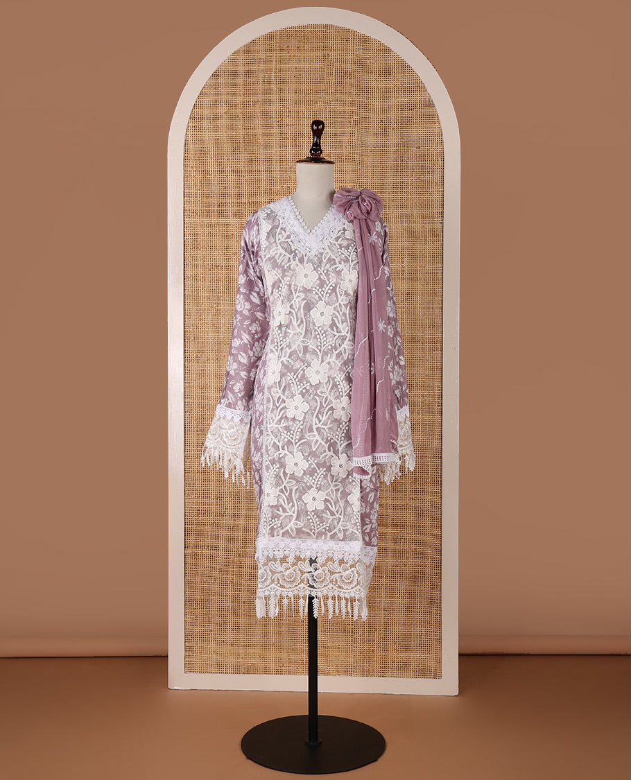 Pink chudidar material set, floral embroidery with daman crochet lace work jam cotton top, white thread argyle design embroidery with lace work nazlin dupatta, unique motifs printed bottom