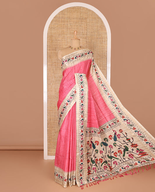 Pink muniya motifs katan silk saree, contrast paithani style border, pallu and blouse steeped with peacock, parrot, and floral motifs