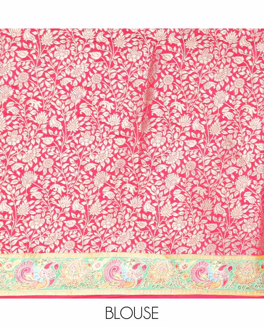 Yellow floral vine printed semi-banaras dola silksaree with contrast floral border & intricate animal motifs pallu