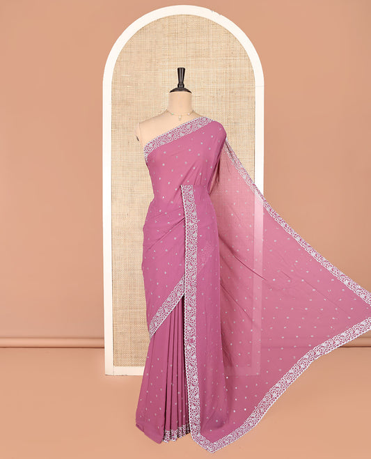 Pink Designer Saree, Gleamed Up with Micro-Stone Work, Scallop Micro-Stone Work Border, a Self-Pallu, and a Matching Blouse