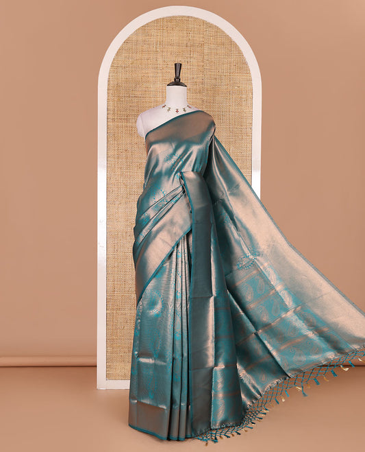 Rama green paisley zari jacquard Kanchi tissue saree, zari border, pallu steeped with paisleys, and jacquard matching blouse